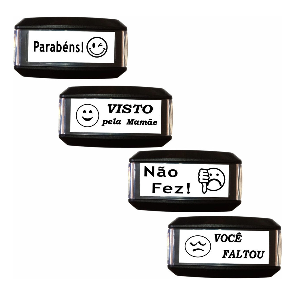 Kit 4 Carimbos Automatico com Dizeres Variados – PARABÉNS – VISTO pela mamãe – NÃO FEZ – VOCÊ FALTOU