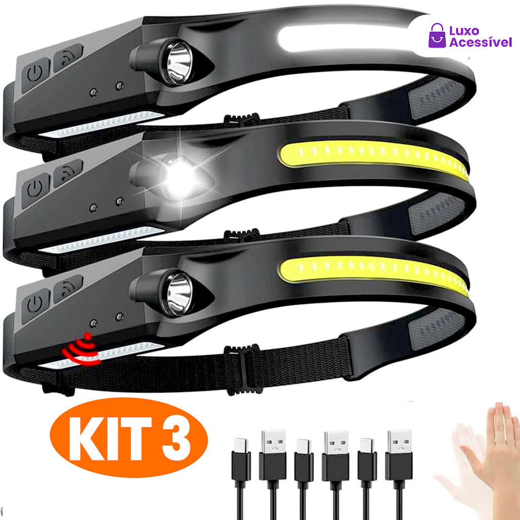 KIT 3 Lanterna de Cabeça Recarregável Led Corpo Motion Camping Torch Light Lamp Com Usb