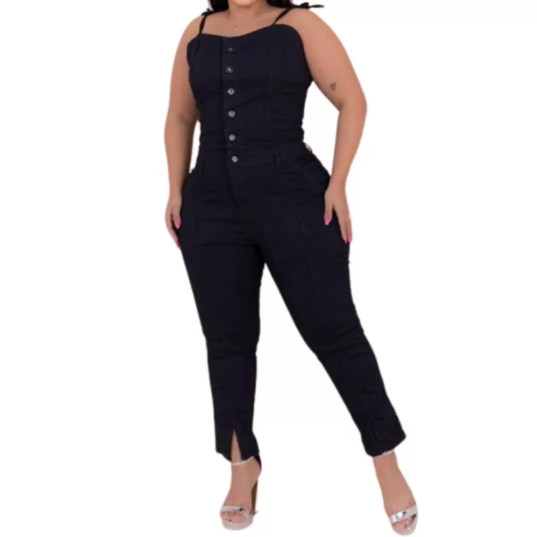 Jardineira longa plus size de alça de amarrar