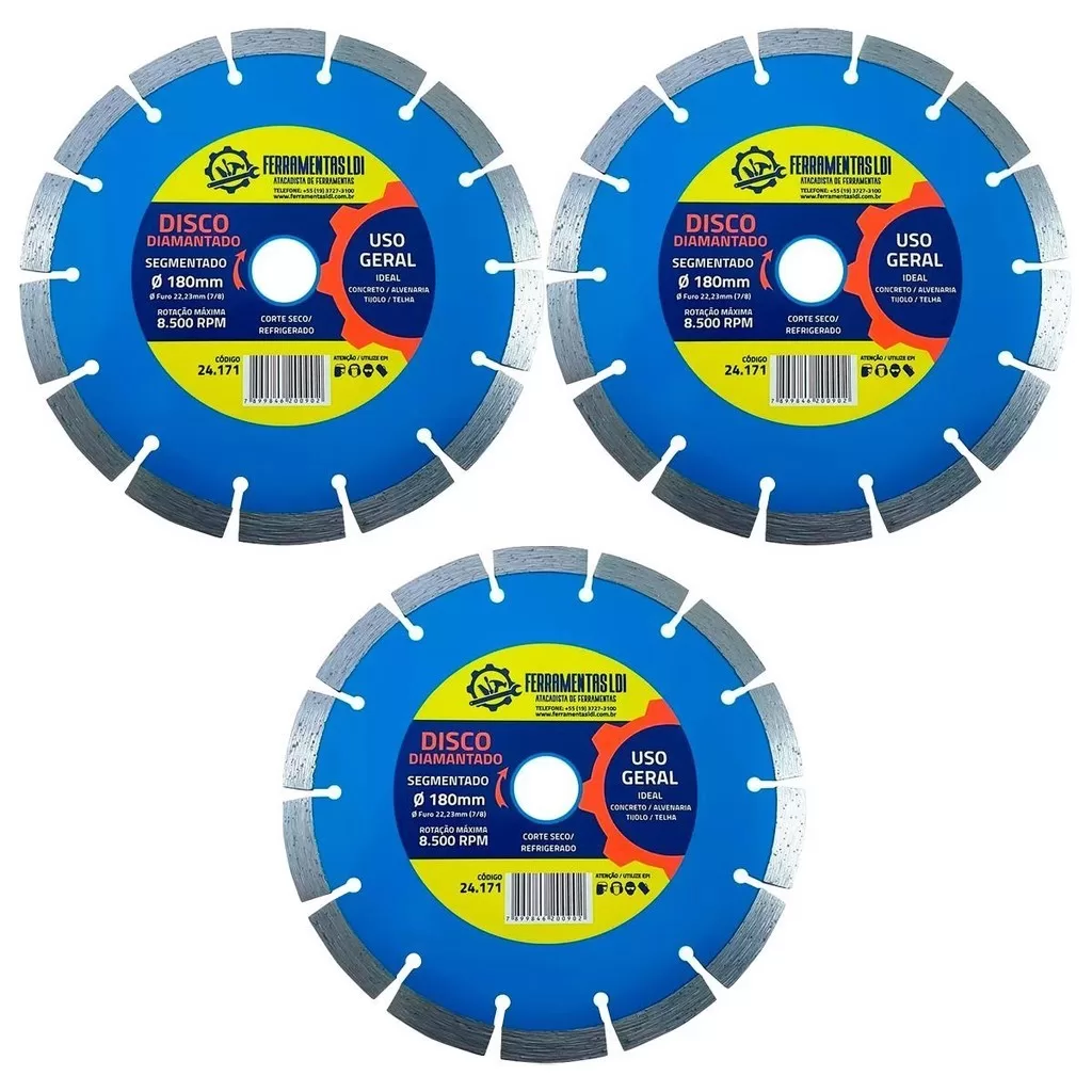 3 Disco Diamantado de Corte 7 180mm Segmentado Ferramentas LDI P/ Alvenaria Concreto