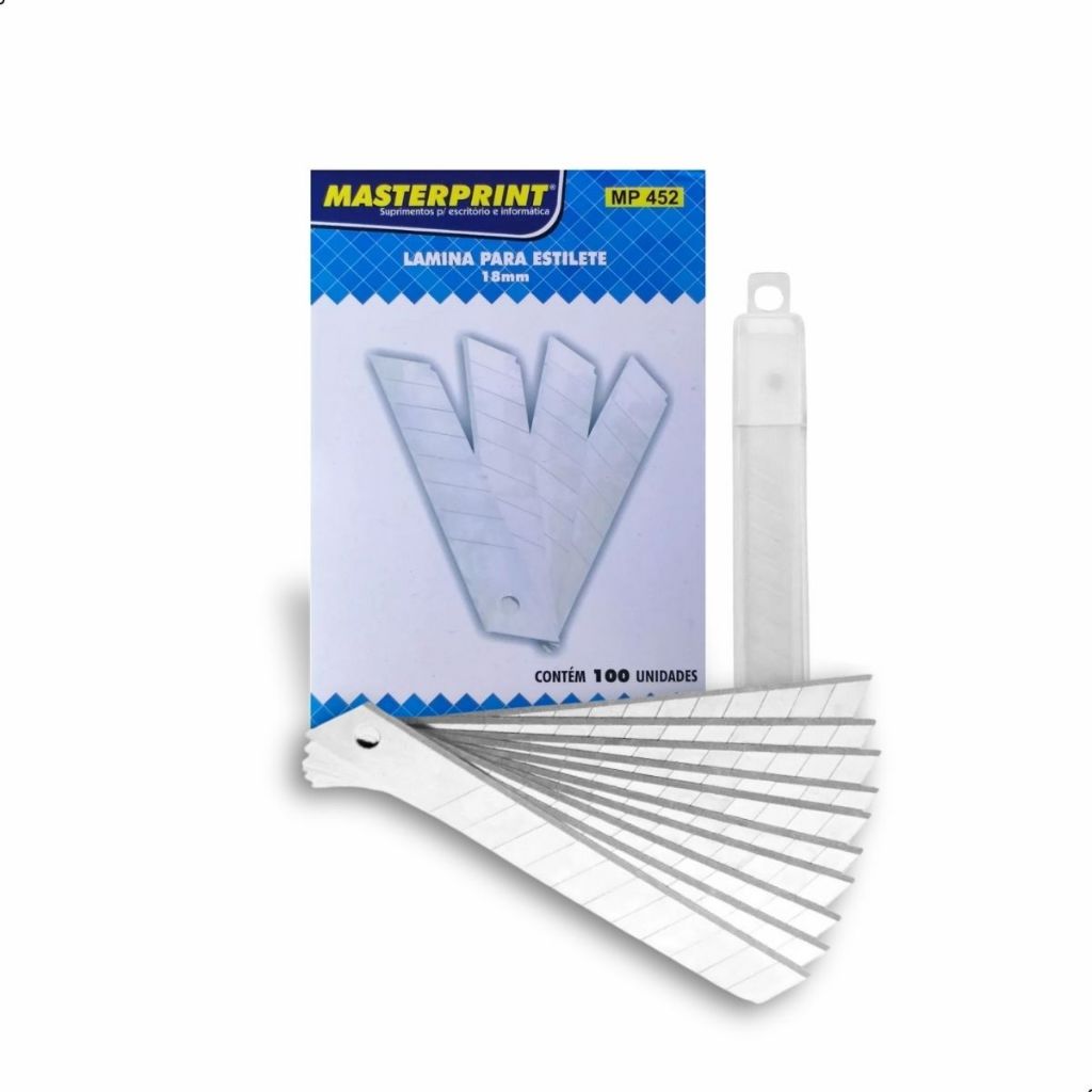 Lâmina de Estilete Largo 18mm Fixo Masterprint 100 Unidades Aço Carbono Anti Ferrugem Resistente