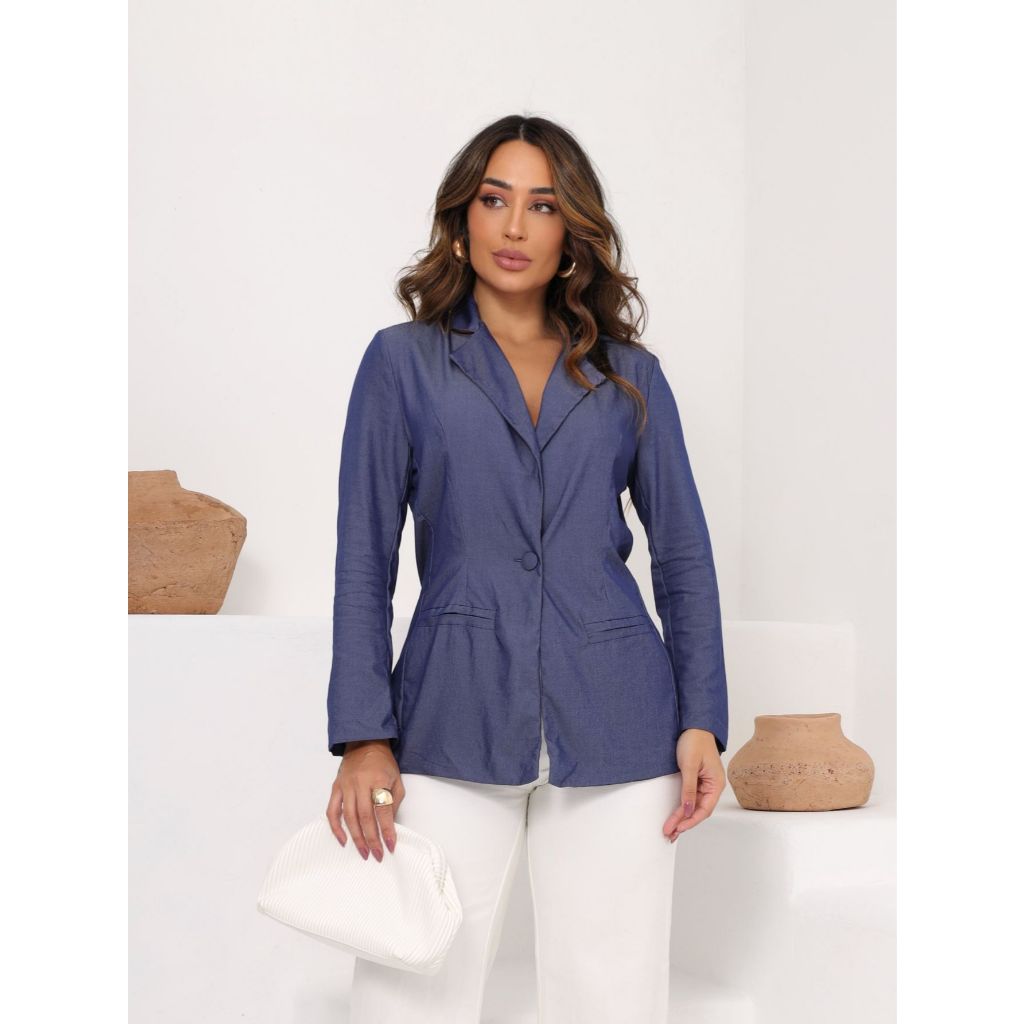 Blazer Jeans Tencel Feminino com Botão Bolsos Fakes
