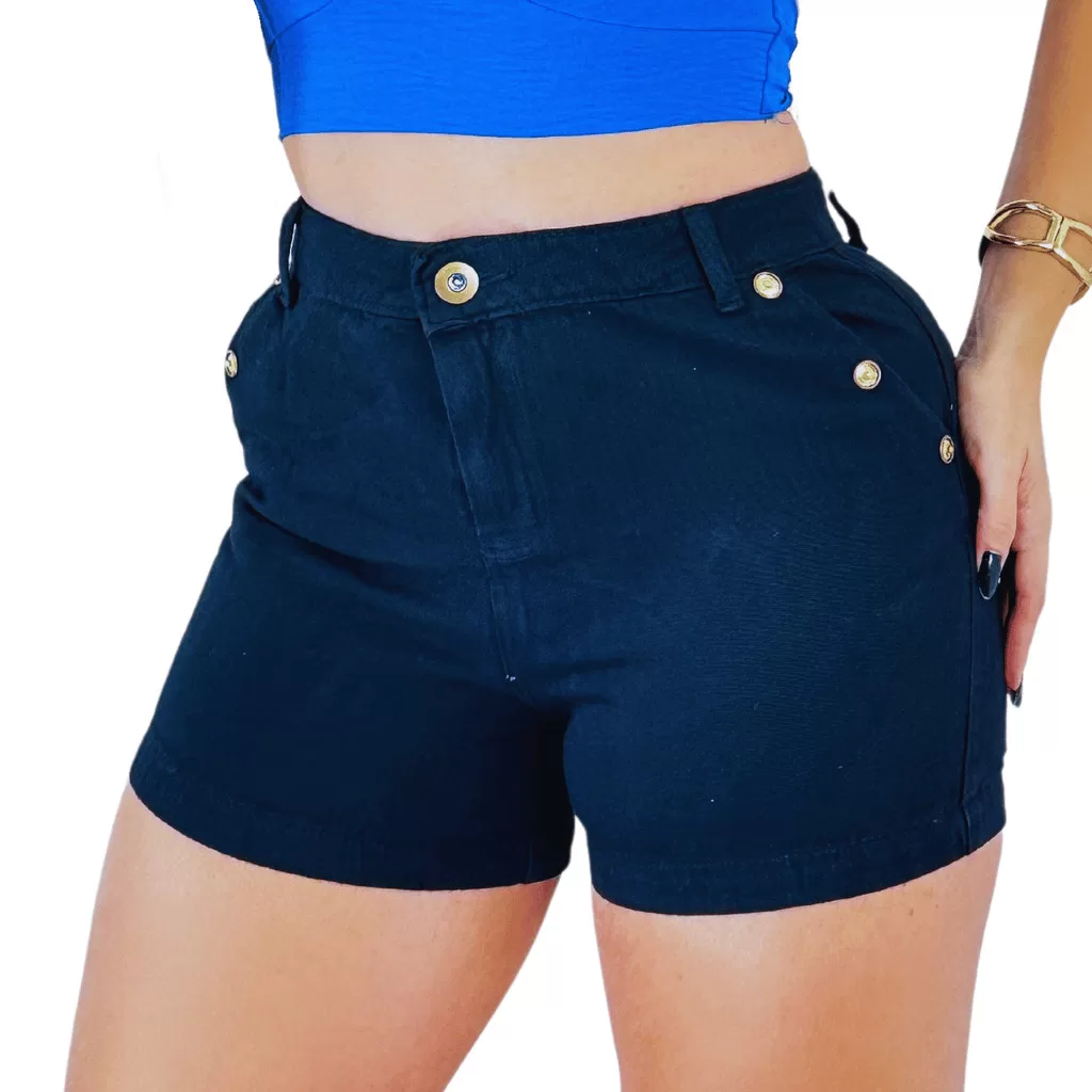 Short Jeans Feminino Azul Escuro nas Laterais Com Detalhe de Botões Cintura Alta Sofisticado e Elega