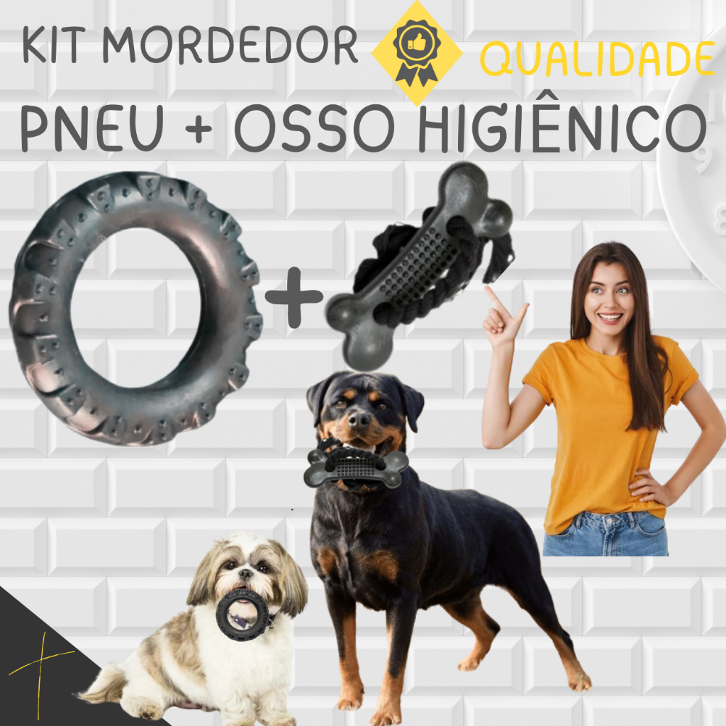 Kit Brinquedo Mordedor para Cachorro Pneu + Osso Higiênico com Corda Black Interativo e Divertido