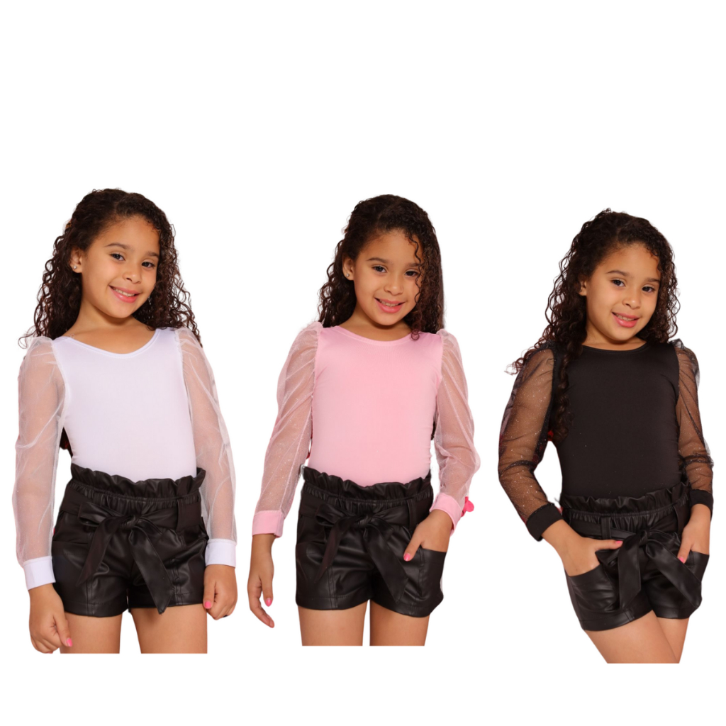 Body Infantil Tule Manga Longa Moda Menina Diva Luxuoso e Elegante Para Presentes e Festas