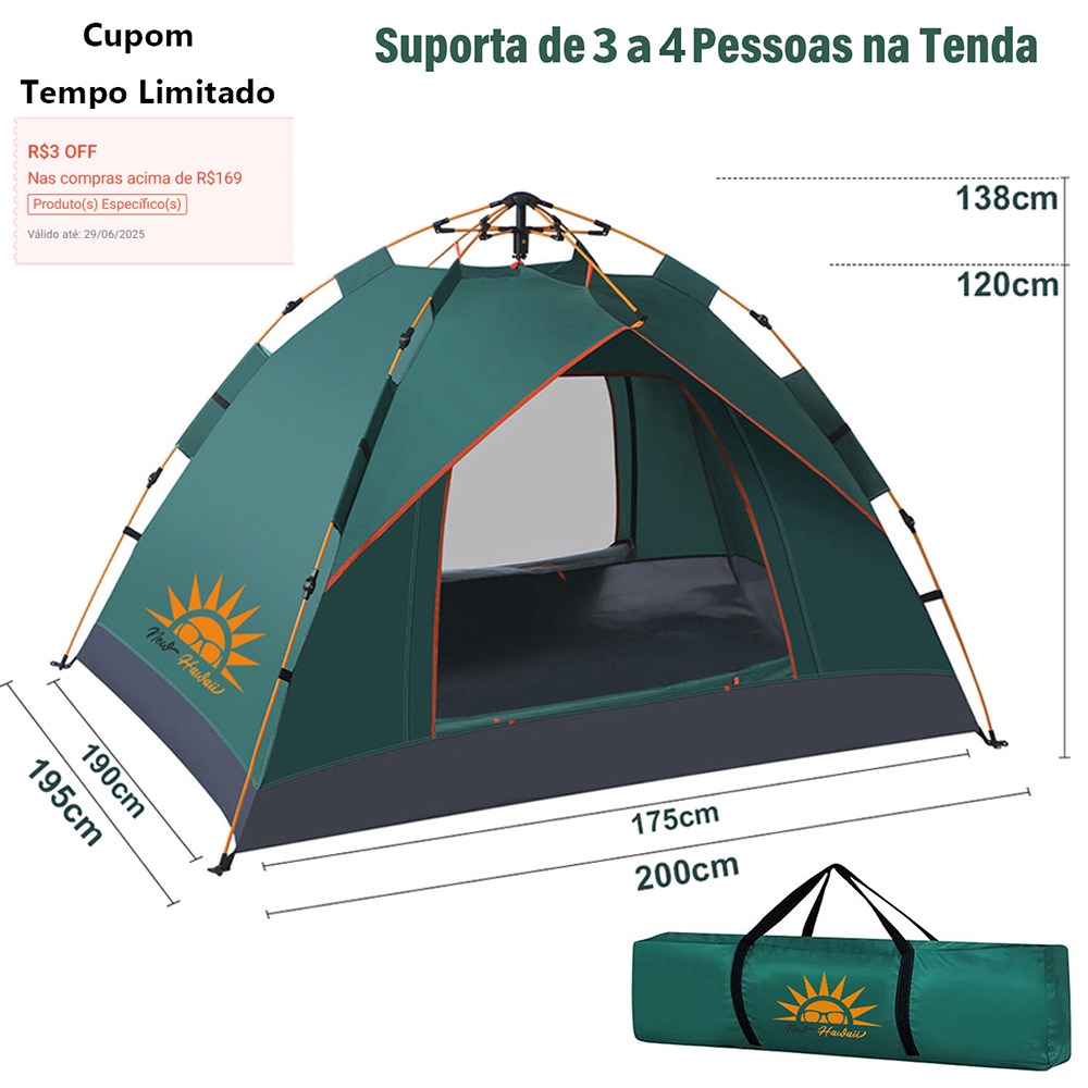 Barraca de Acampamento a Prova dágua,Barraca Camping Automático 3-4 Pessoas 210*210*138cm NEWHAWAII
