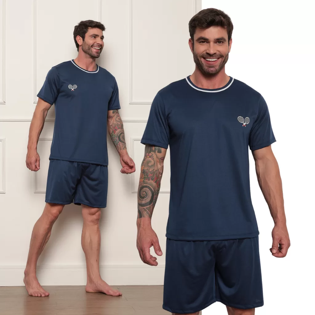 Pijama Masculino Manga Curta e Short Linha Verão Malha Estiloso Confortável