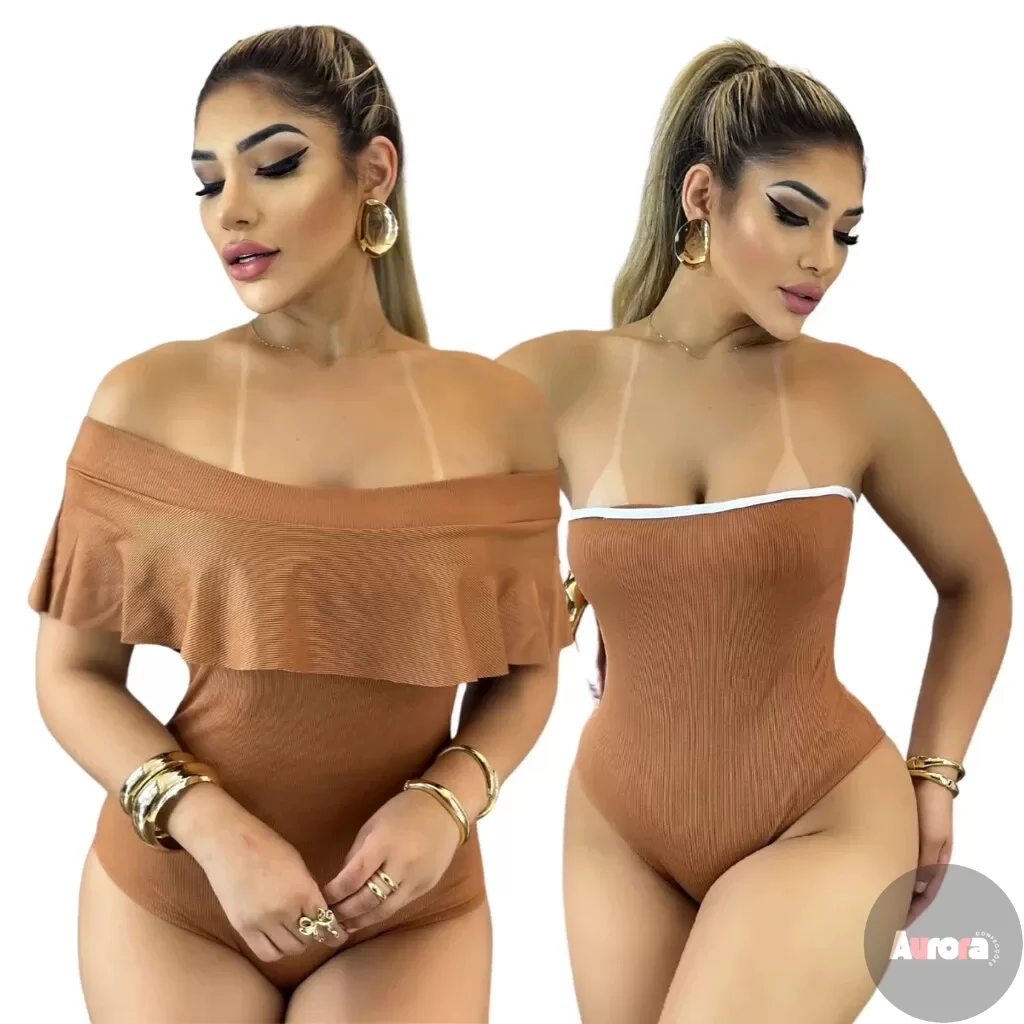 Kit 2 Body Bori Femininos de Malha Ribana Ciganinha e Tomara que caia Caramelo