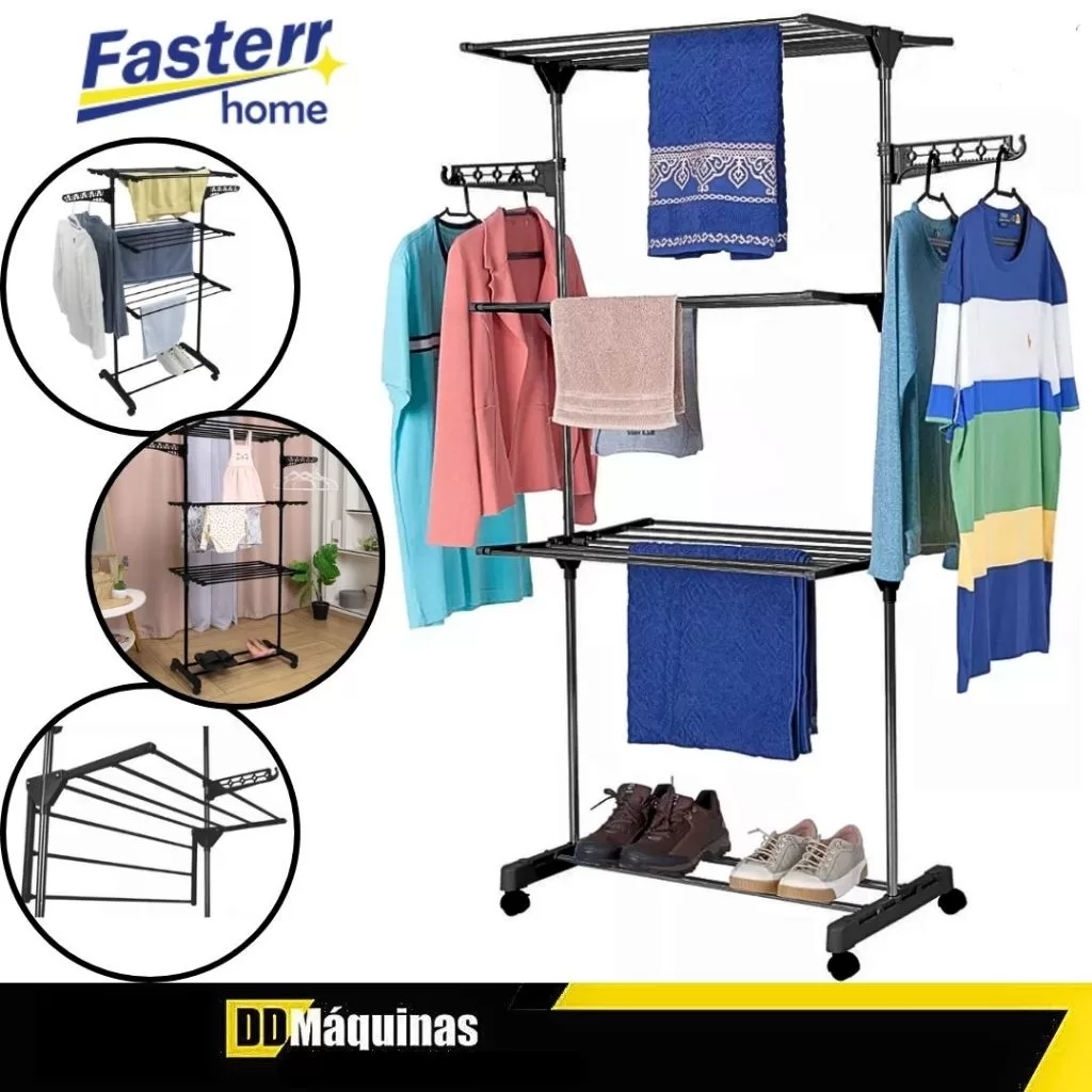 Varal de Chão em Aço Vertical Dobrável 3 Andares Preto – Fasterr