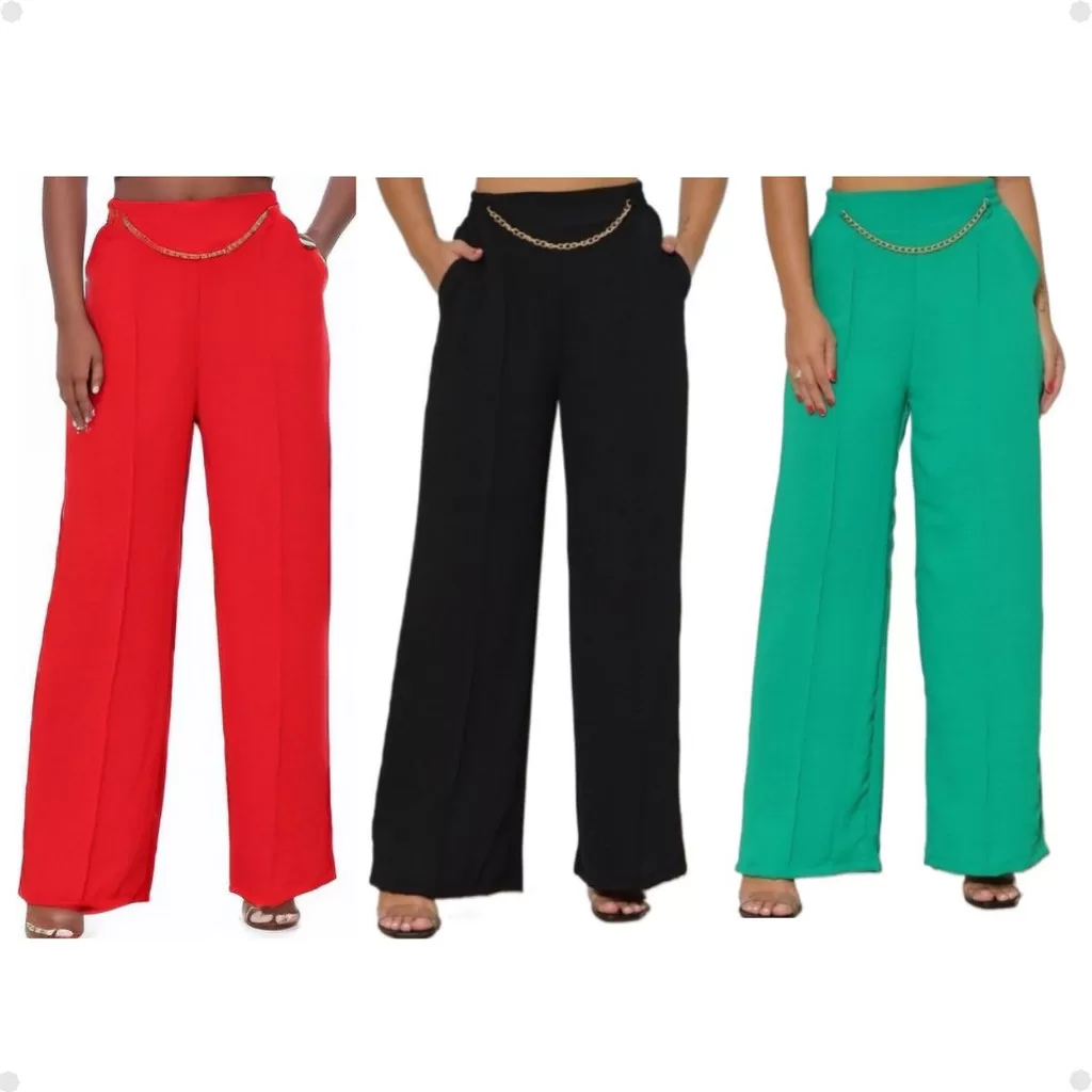 Kit com 3 Calças Feminina – Pantalona Alfaiataria Cintura Alta com Bolsos – Elegância e Conforto par