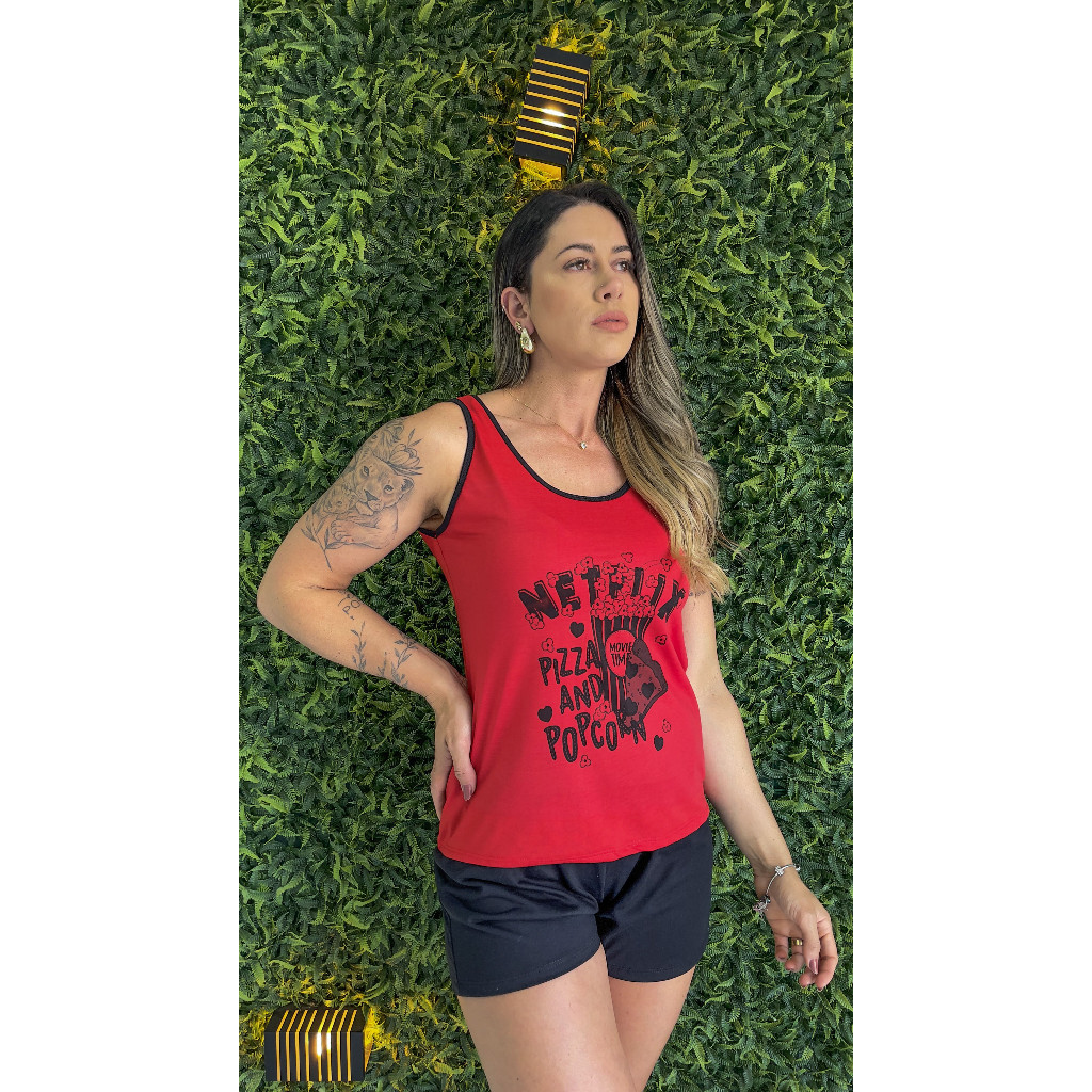 Pijama Feminino Adulto Regata Netflix Short Curto De Verão