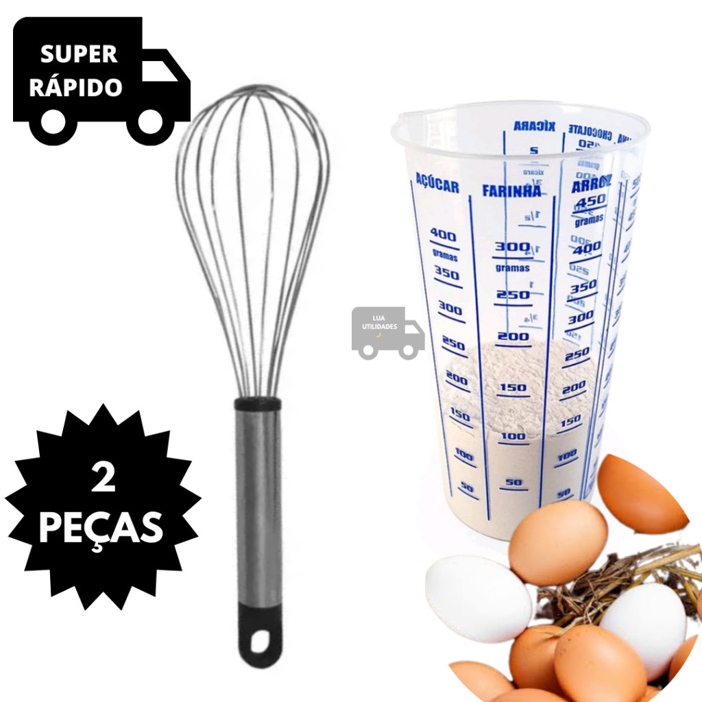 1 Copo Medidor Graduado Dosador De Medidas 500 Ml Com Bico e 1 Fue Batedor Fouet Profissional De Ovo