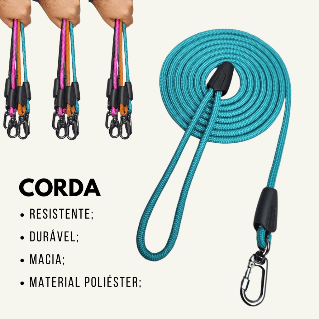 Guia para cachorro de corda com 2 metros de comprimento com com mosquetão de trava resistente e segu