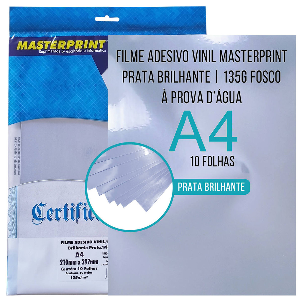 Vinil Adesivo Prata Brilhante 135g A4 Filme Adesivo PVC À Prova DÁgua com 10 Folhas Masterprint