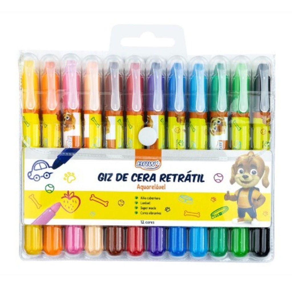 GIZ DE CERA RETRATIL E AQUARELAVEL FORMATO CANETA ESTOJO 12 CORES – BRW