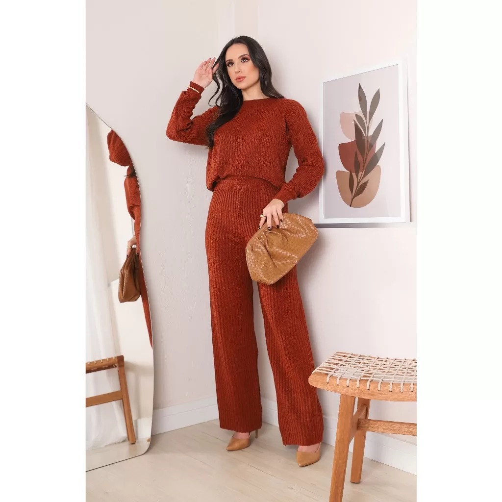 Conjunto Tricot Feminino Mousse Cropped e Calça Conjunto Blusa e Calça Inverno