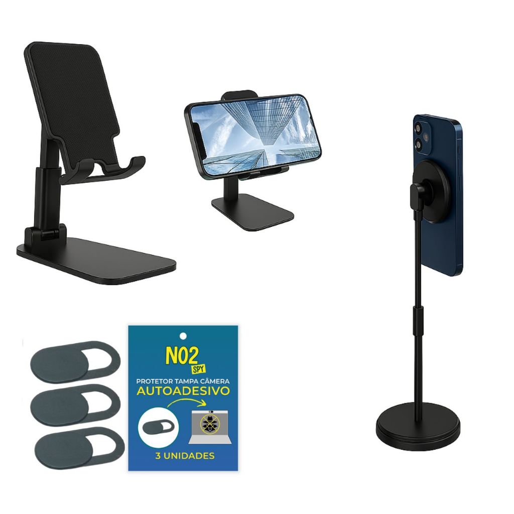 Combo Suportes Celular Articulado 360° + Suporte Pequeno Versatilidade + Kit 3 Webcam Cover