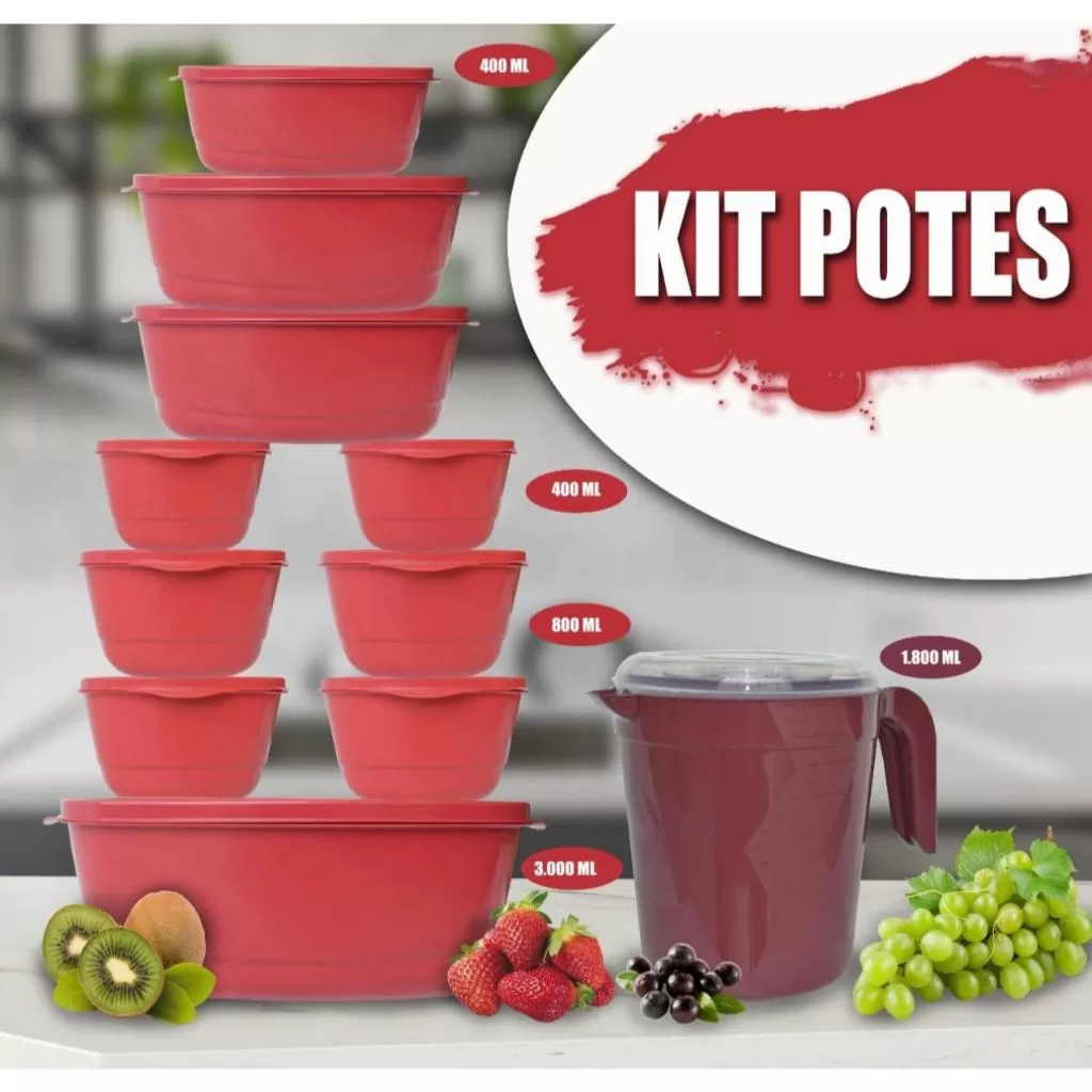 Kit 10 Potes Herméticos + Jarra 1.800ml Com Tampa