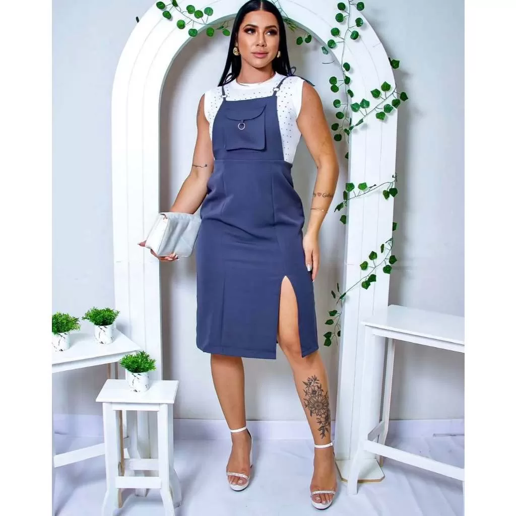 Jardineira Saia Macacão Alfaiataria Feminino Elegância com Alças Reguláveis E Fenda lateral