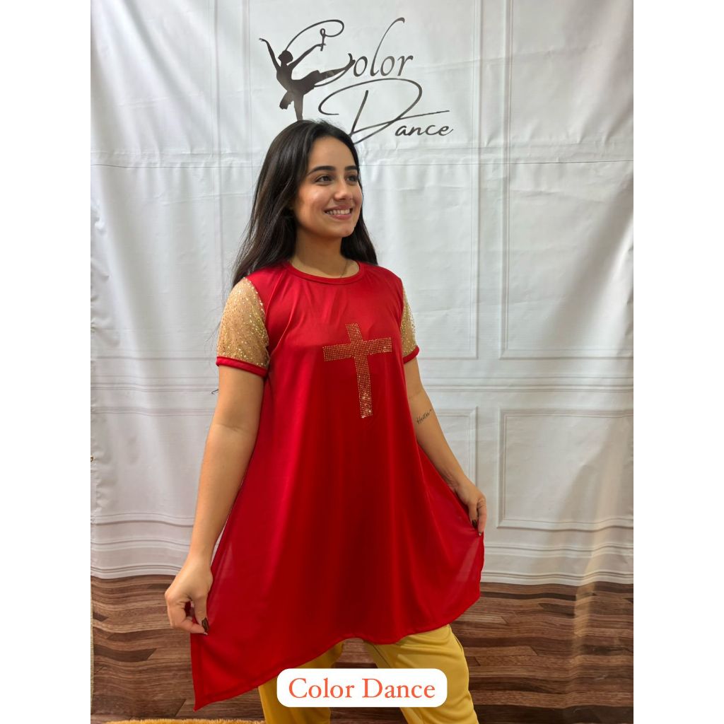 Bata Feminina Gospel de Dança Vermelha  Cruz Dourada Páscoa