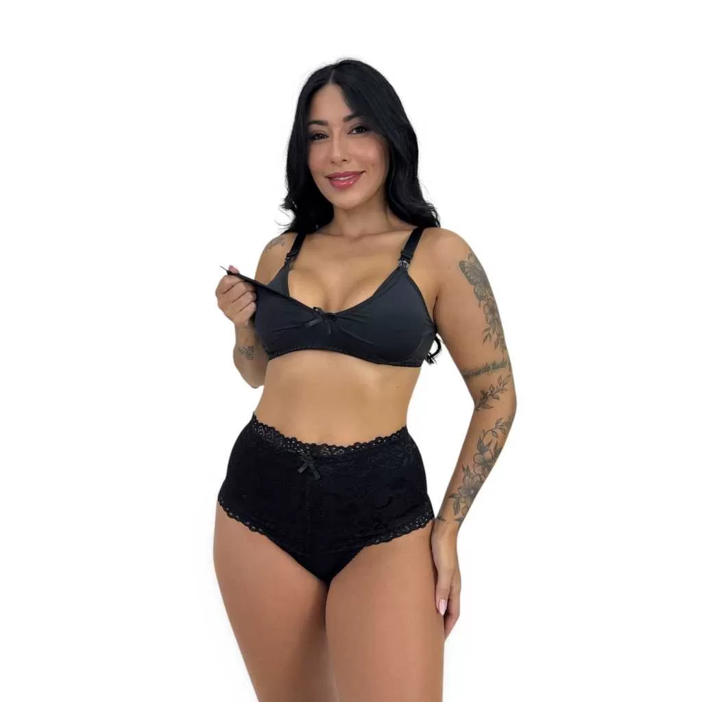 Conjunto Maternidade Calcinha Cotton Sutiã Amamentação Alças Reforçadas Fecho Click Microfibra