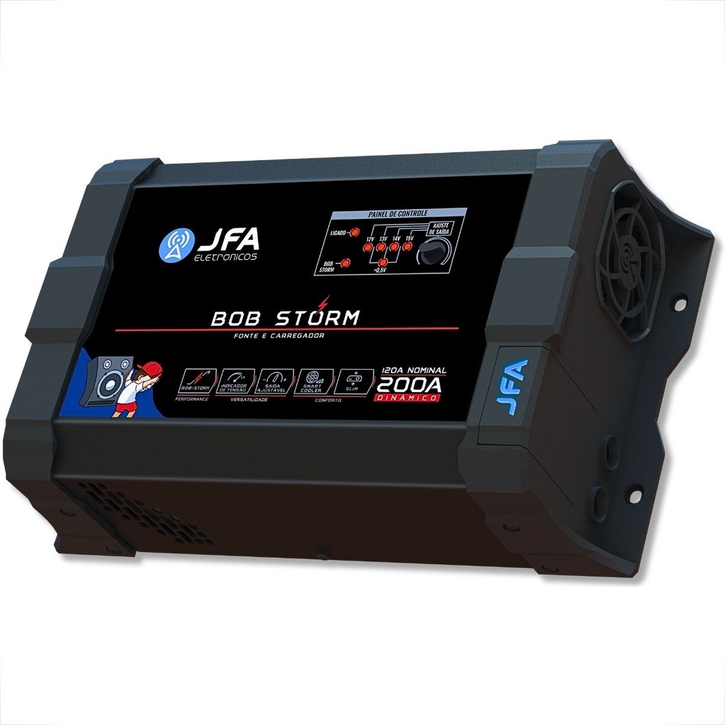 FONTE AUTOMOTIVA CARREGADOR DE BATERIAS AUTOMATICO BOB STORM SLIM 200A JFA BIVOLT