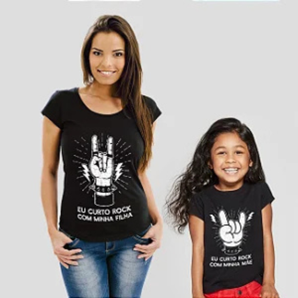 Kit tal o mãe da o filho e filha, camiseta 100% algodão preta manga curta do tamanho 2 ao GG