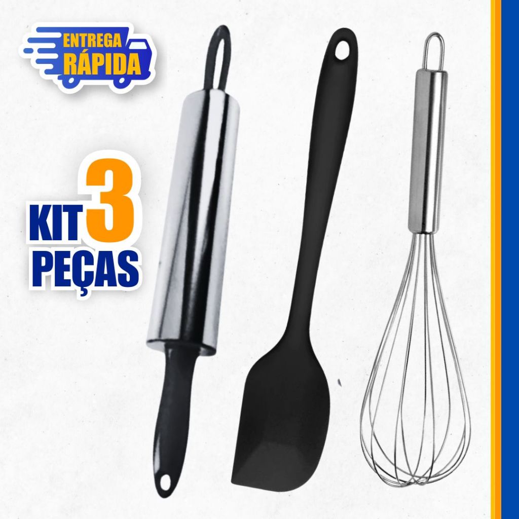 KIT 1 Rolo De Massa Giratório 100% Inox + 1 Fue Batedor De Ovos e Espátula pão duro de silicone