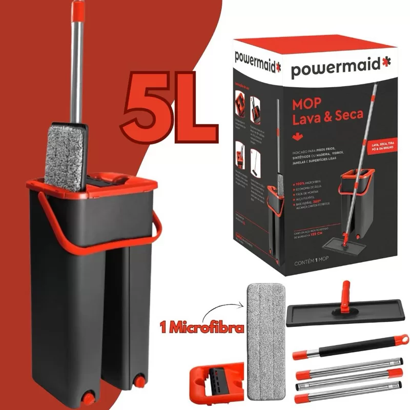 Mop Flat Inox Rodo Com Balde Lava E Seca Base Flexível Vermelho/Cinza Powermaid