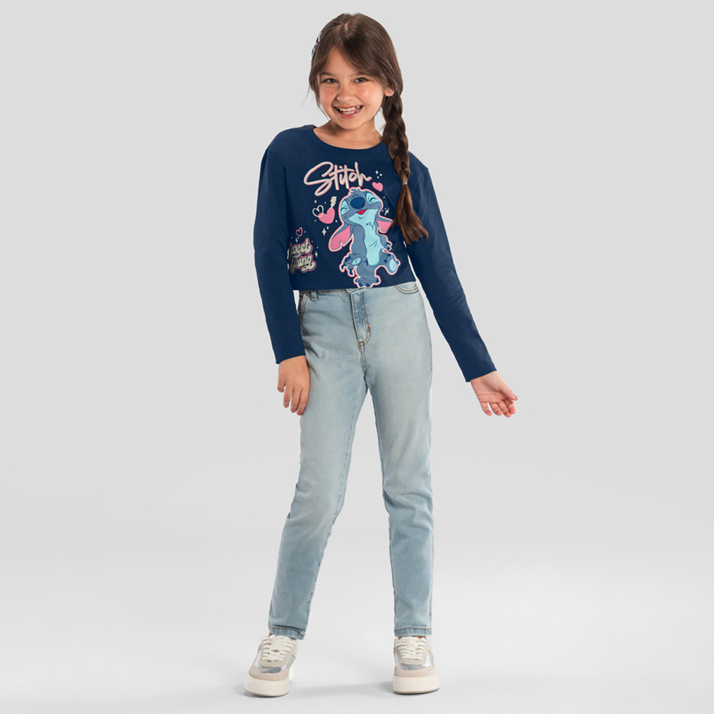 Blusa infantil menina cropped do Stitch Azul Brandili