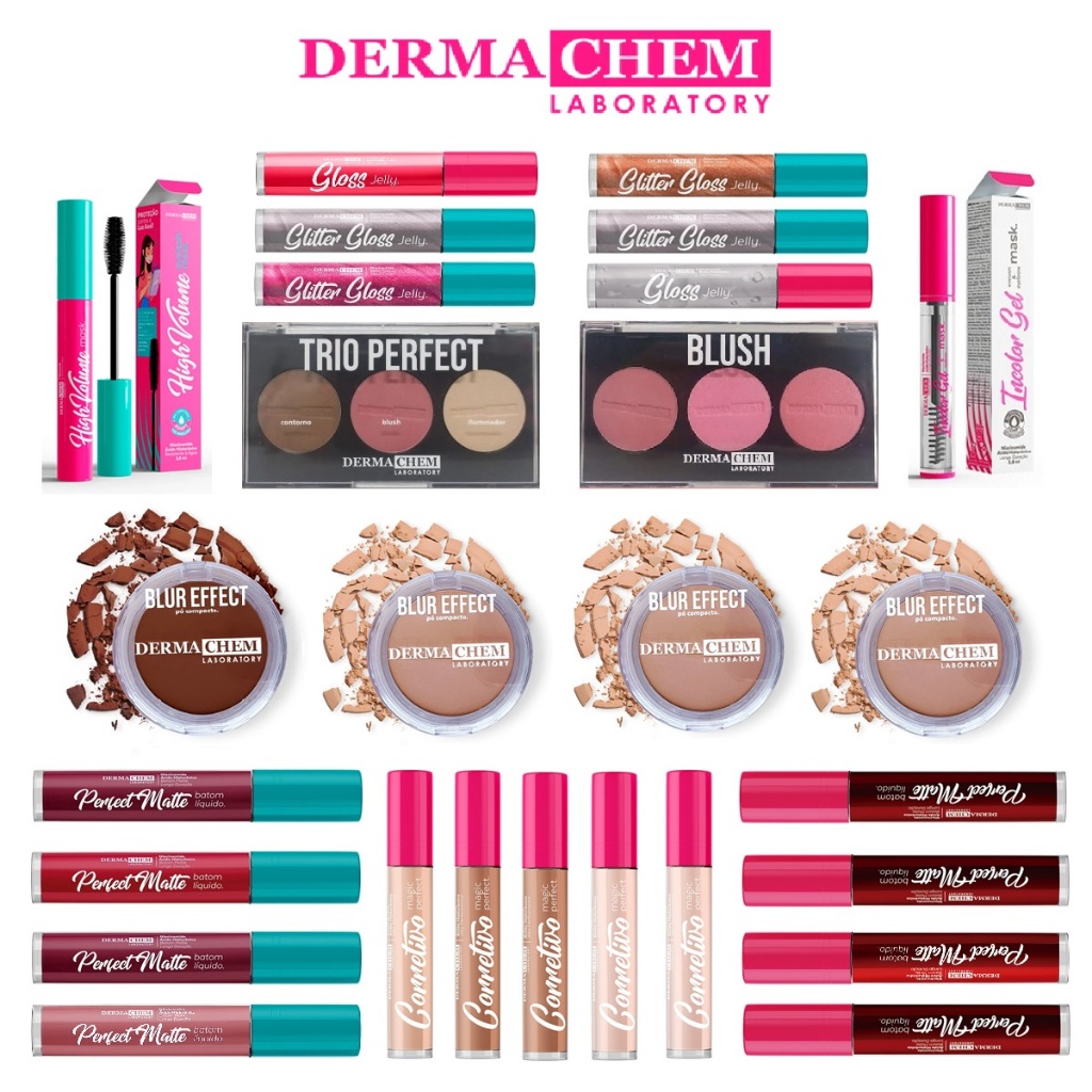 Kits 03 Peças Maquiagem Makes Dermachem Pó Cilios Trio Blush Corretivo Batom Base Liquida Máscara