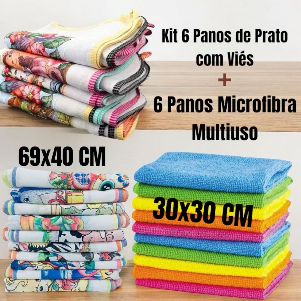 Kit com 12 Panos Multiuso Sendo 6 Panos de Prato com Vies 69 x 40cm e 6 Panos Microfibra 30x30cm