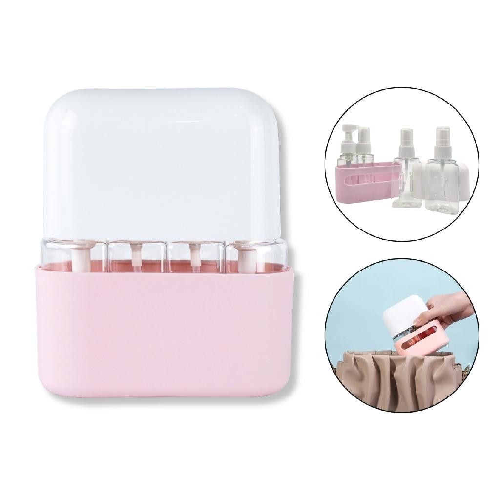 Kit 4 Frascos 50ml Viagem Pump Spray +  Case Plástica Rosa Bolsa Mala Mochila Shampoo Sabonete Creme