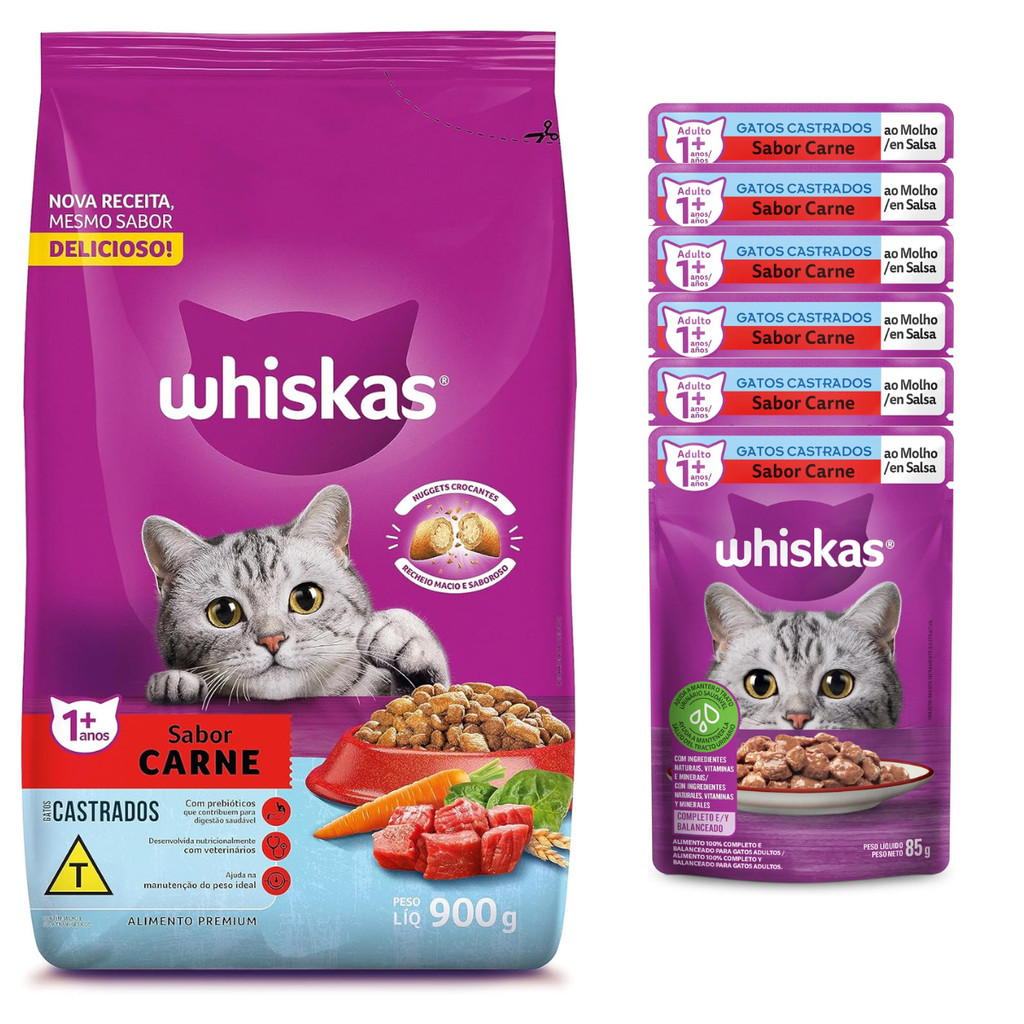 Ração para Gatos Castrados Whiskas Carne 900g Adulto + 6 Sachês