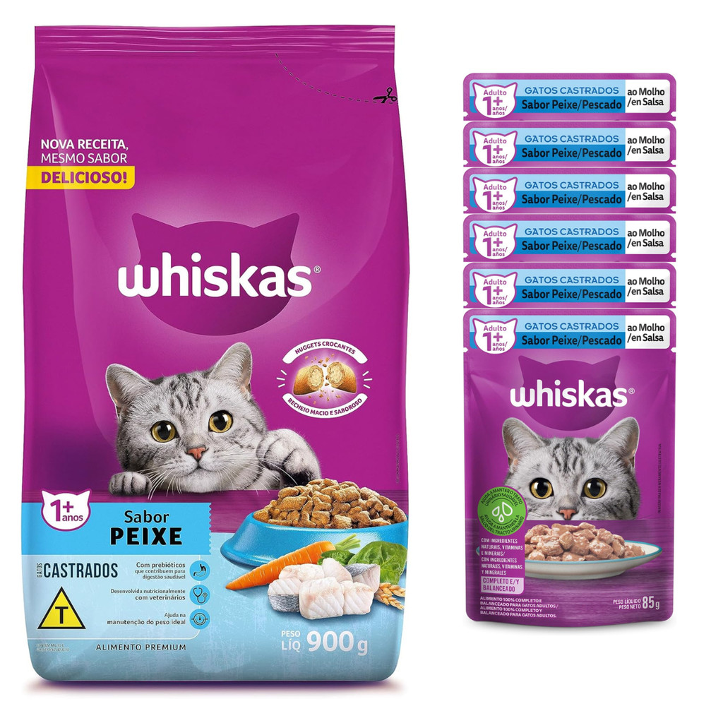 Ração para Gatos Castrados Whiskas Peixe 900g Adulto + 6 Sachês