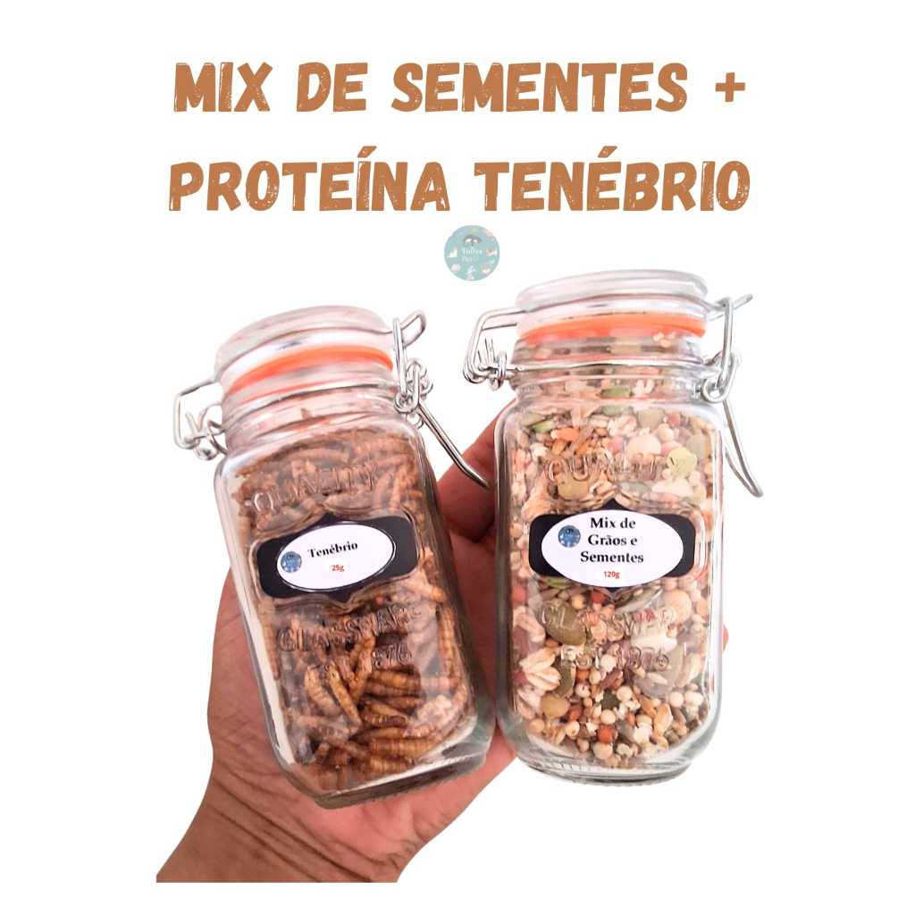 Mix de sementes e grãos + proteina de Ténebrio + vidro hermético, hamster, gerbil, roedores
