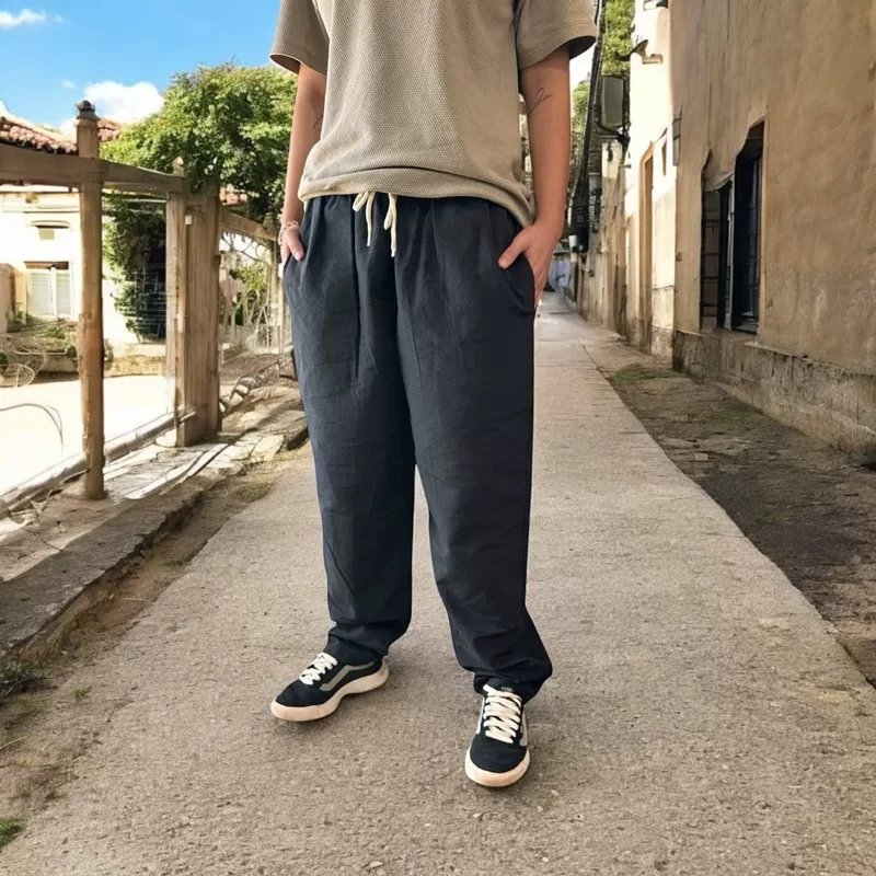 Calça Linho Unissex Baggy Streetwear Masculino Despojado Fresca Verão Europeu