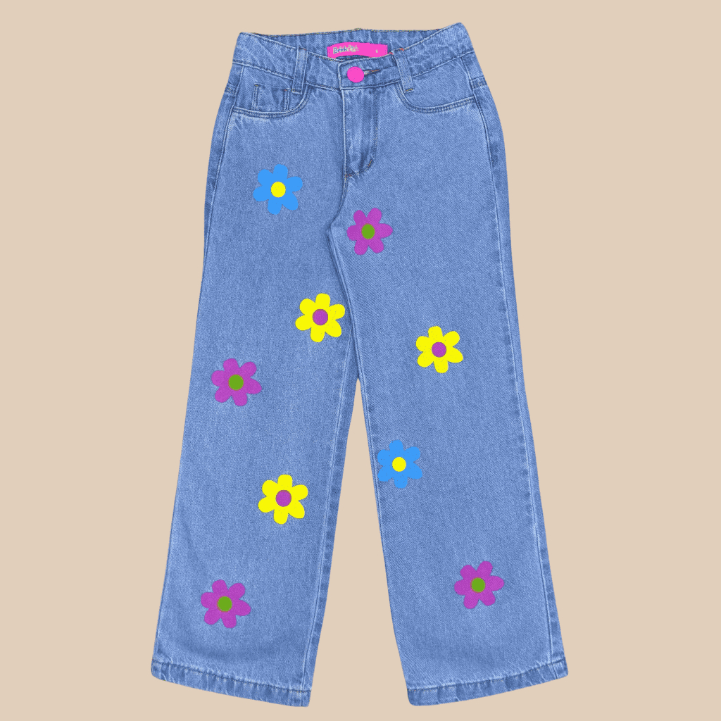 Calça Infantil Meninas Wide Leg Jeans Feminina Personagem Estilosa Barra Larga Criança Juvenil