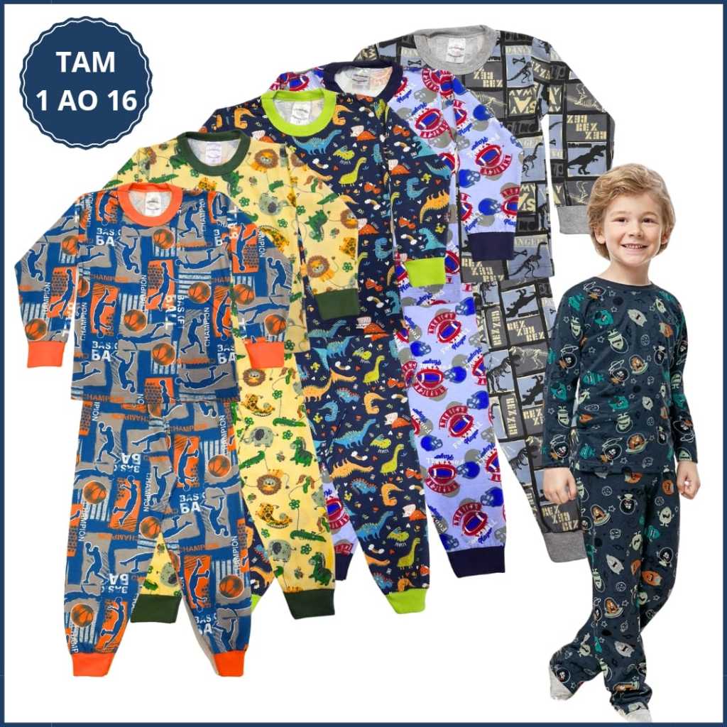Kit 4 Pijama Infantil Menino|Pijama Infantil em Algodão| Blusa Manga Calça Infantil com Punho 1 a 16