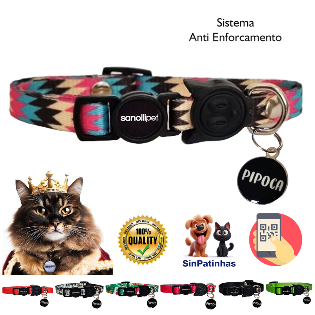 Coleira De Gato Com Sistema Anti Enforcamento Mais Plaquinha Com Nome E Telefone Napolitano Luxo
