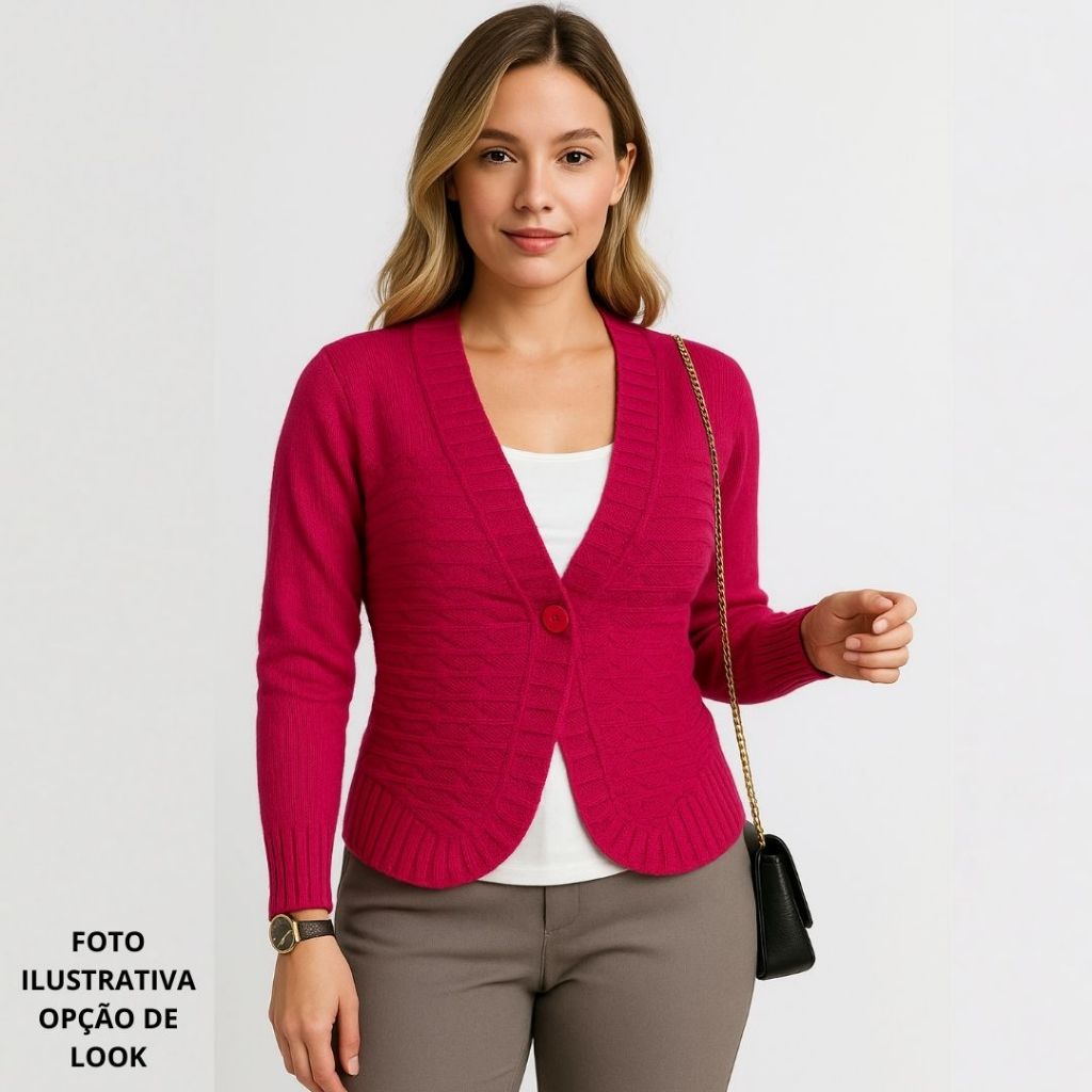 Blusa Blazer Feminina de Lã Tricô Textura Losango Bolha Com Botão Único Inverno Casual Casaquinho
