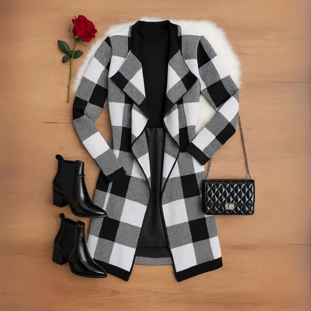 Cardigan Xadrez Casaco Kimono Sobretudo Tricô Moda Inverno Feminino