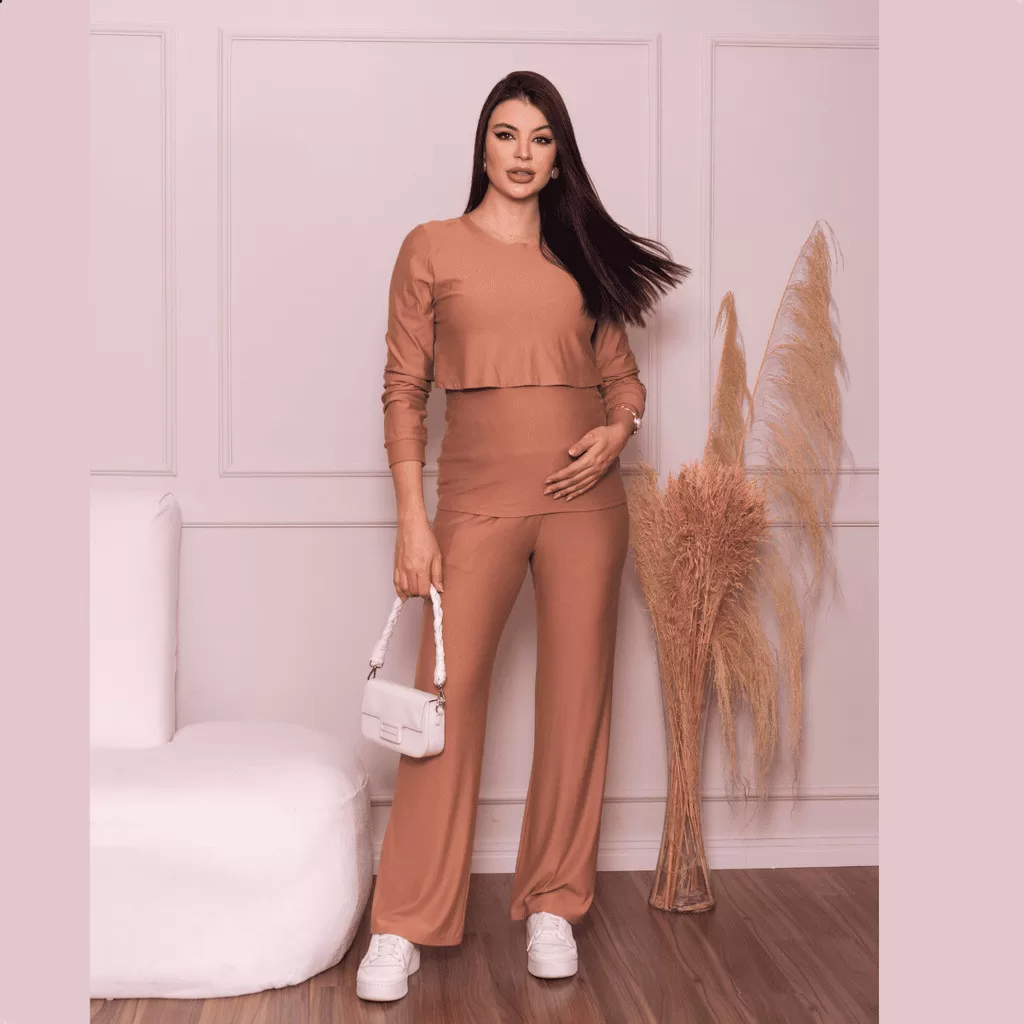 Conjunto Moletinho Gestante Confortavel Amamentação Moda