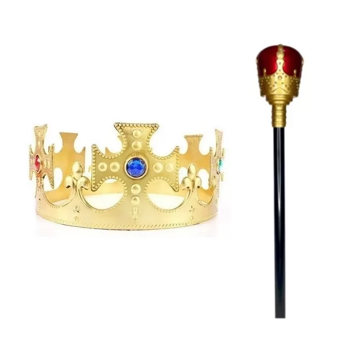 Kit Fantasia Rei Coroa Dourada + Cetro Carnaval Ha