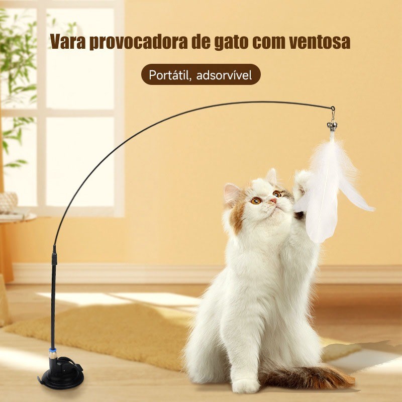 Brinquedo para Gato Varinha com Penas e Ventosa  Fixa no Chão, Estimula e Diverte