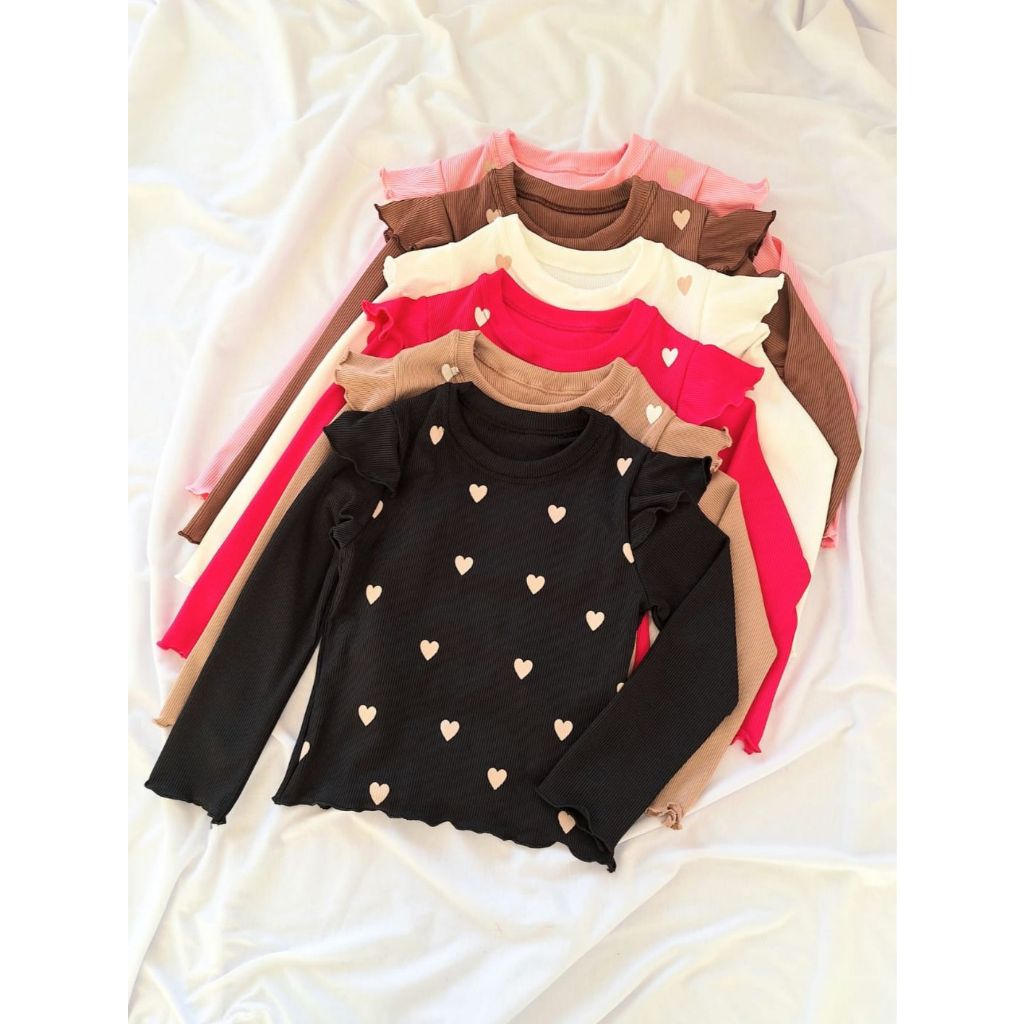 Blusa Infantil Menina Coração Minimalista Manga Longa Meia Estação Canelado Ribana