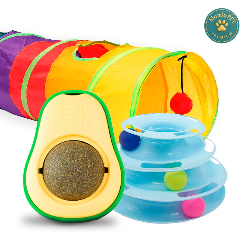 Kit Brinquedo para Gato Interativo com Túnel, Torre de Bolinhas e Abacate com Catnip Estímulo Felino