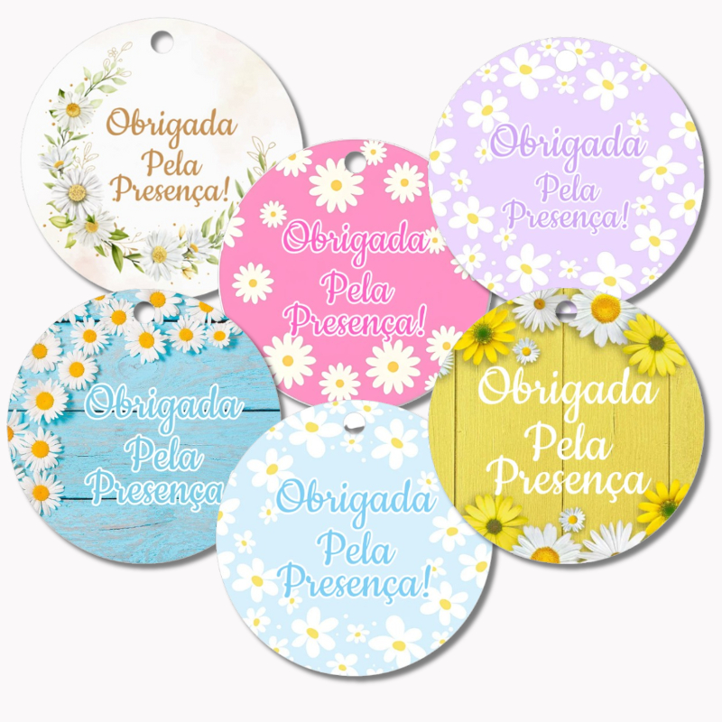 Tag com Furo Personalizada  Margaridas flores 5×5 cm