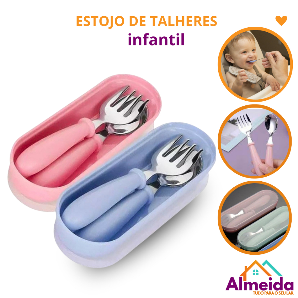 Talheres Infantil Aço Inox 304 Colher Garfo Kit Com Estojo Bebe 3 peças