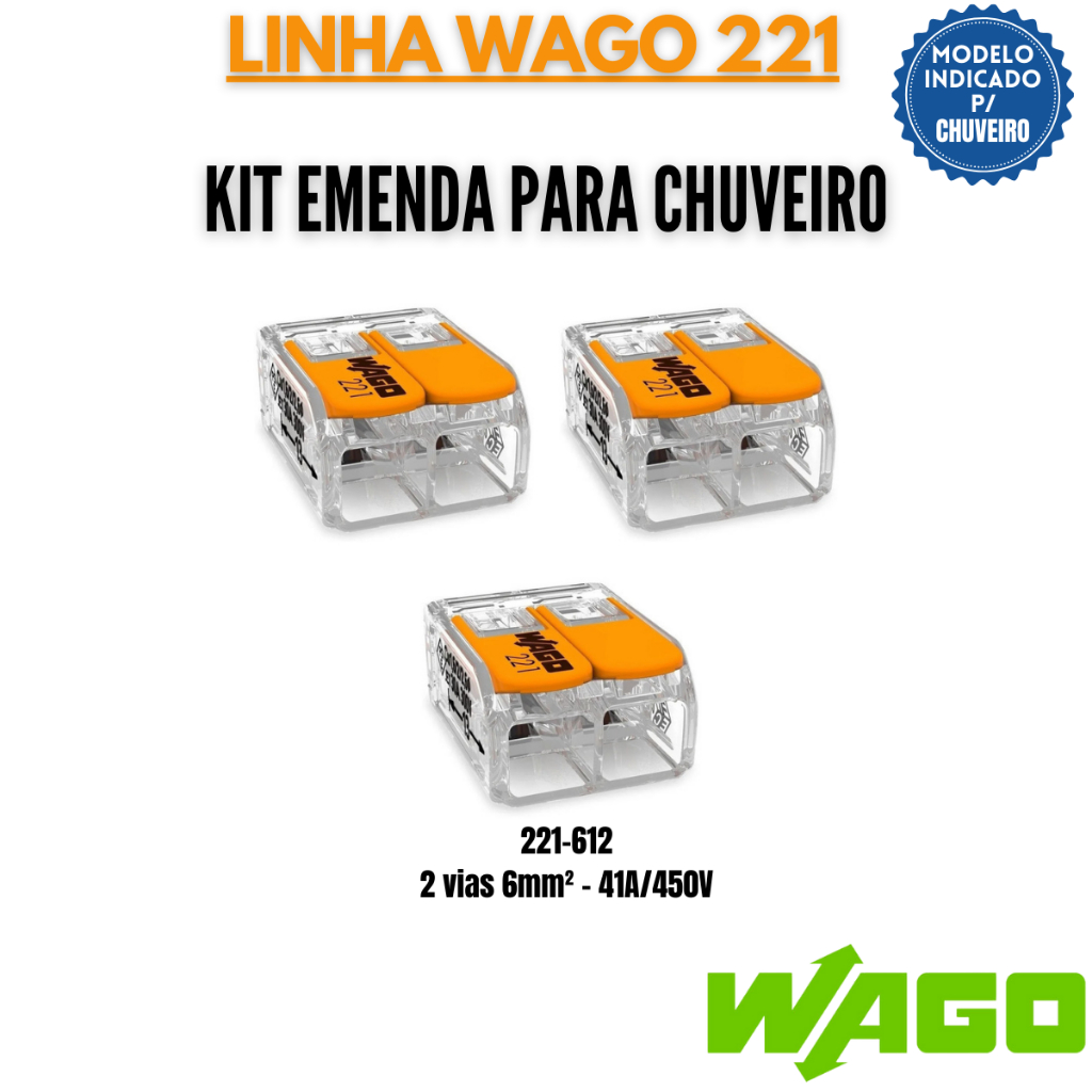 Kit Conector WAGO Emenda Para Chuveiro 2 vias 6mm 41A/450V – 221-612 3 peças